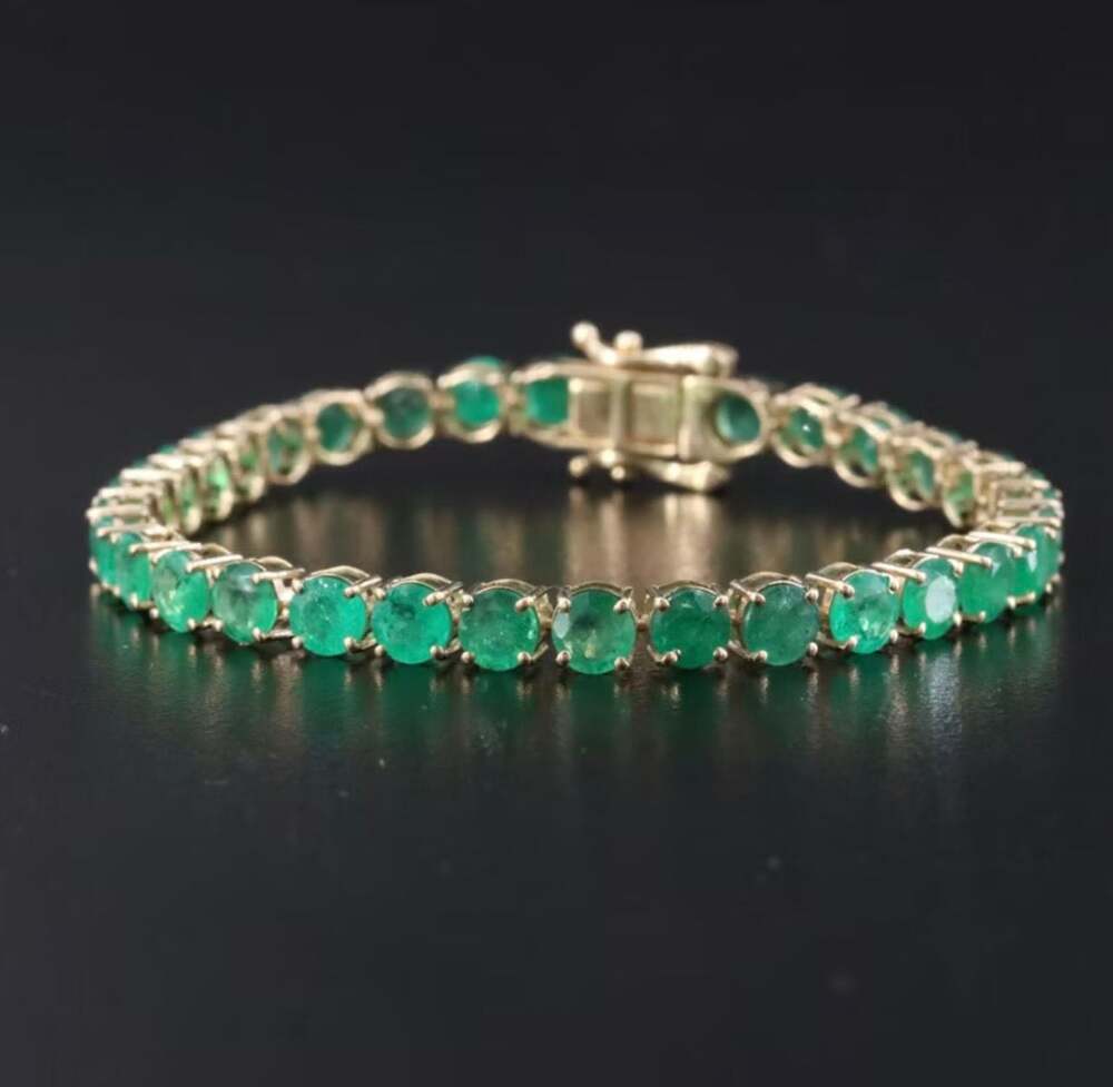 14K yellow gold 4-Prong natural Emerald Tennis Bracelet